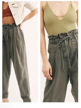 Free People Army Green Margate Pleated Trouser Pants Size Medium Oversized Boho